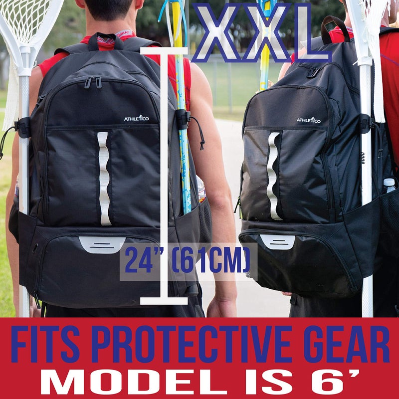 Athletico Lacrosse Bag - Extra Large Backpack - Field Hockey Equipment - Two Stick Holders and Separate Cleats Compartment (Black) - Image 2